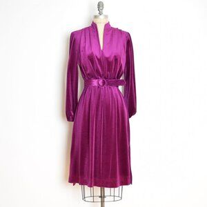 vintage 70s dress purple velour velvet deep V jewel tone spaceage belted midi M